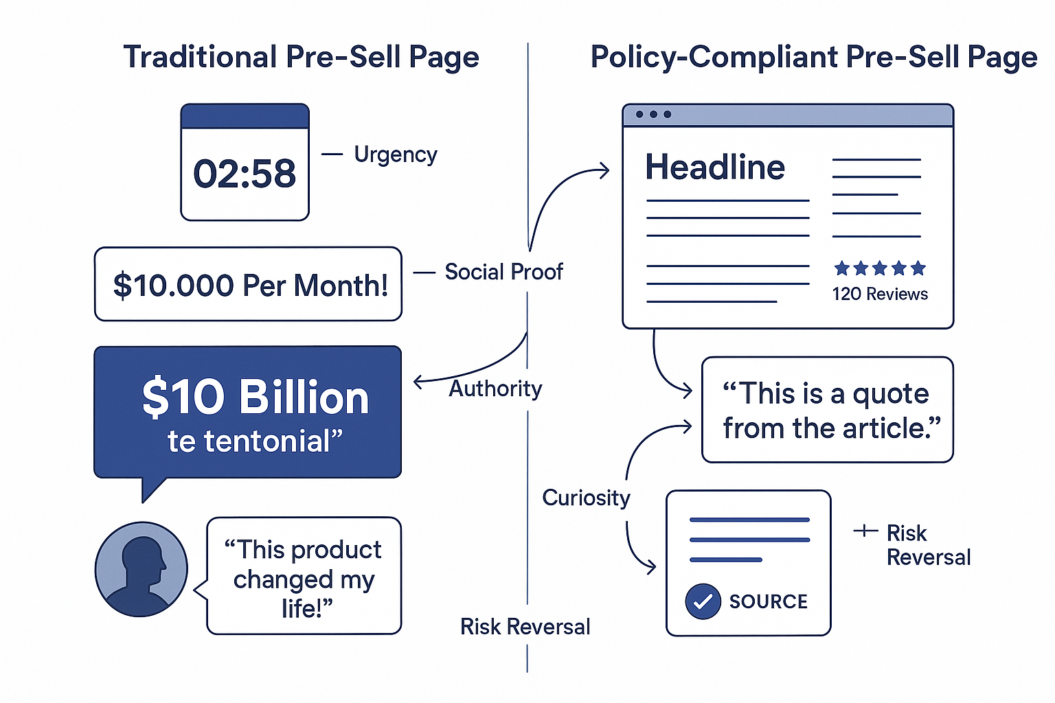 A split-screen comparison diagram showing traditional pre-sell page elements on the left (countdown timers, income claim