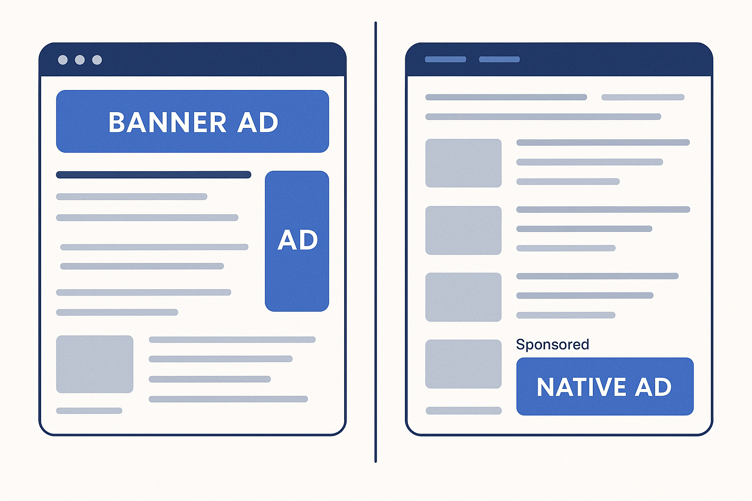 Split-screen comparison showing a traditional banner ad versus a native ad placement, with the native ad seamlessly inte