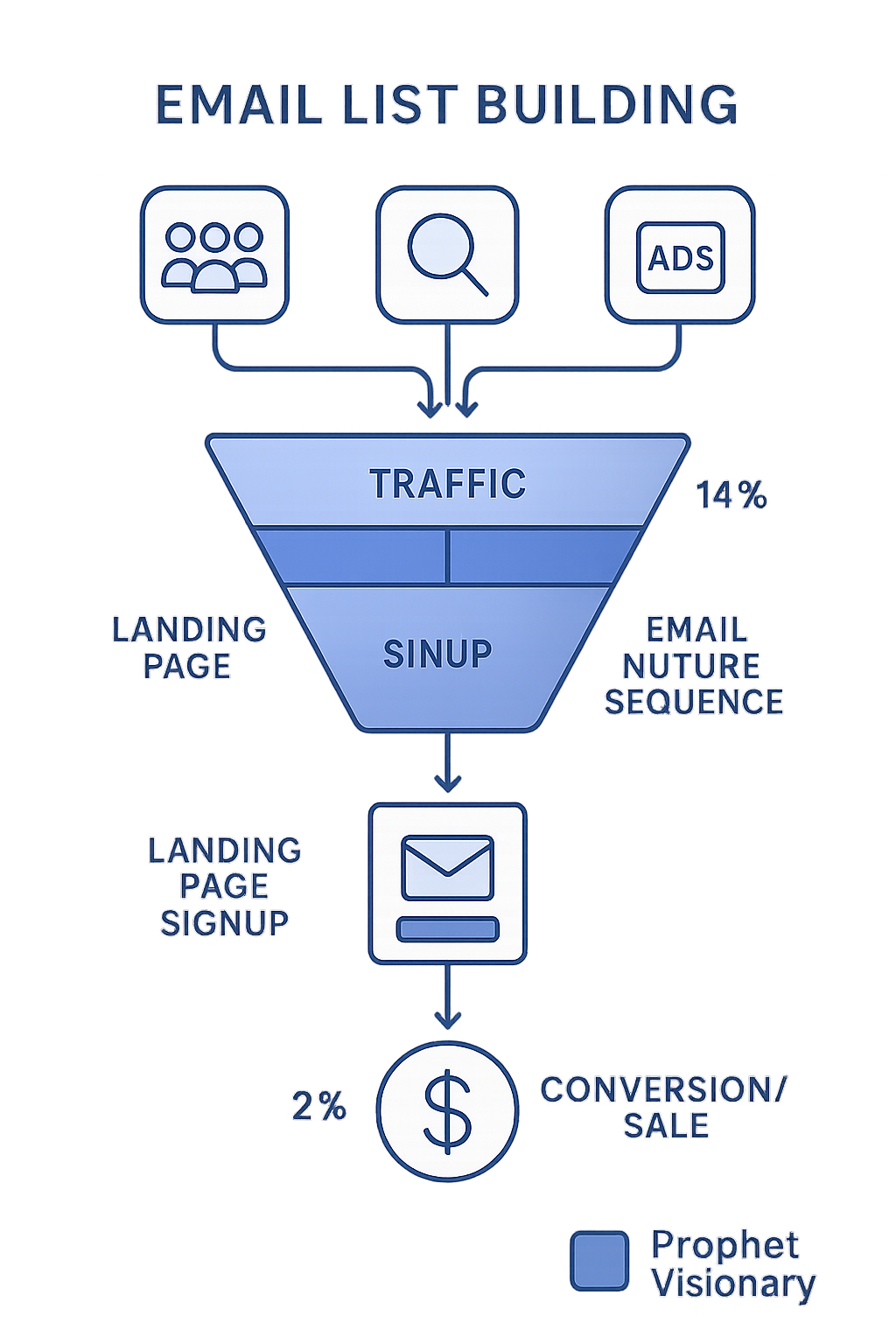 A professional marketing infographic showing the email list building funnel from traffic source to conversion, with doll
