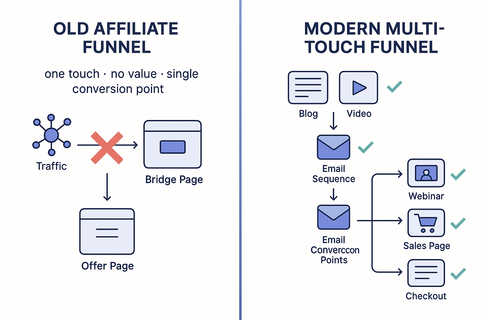 A split-screen comparison infographic showing an old-style affiliate funnel (simple bridge page to offer) versus a moder