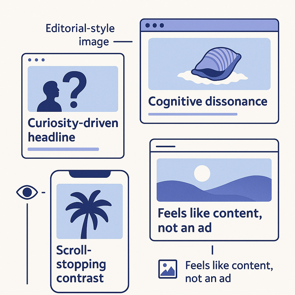 A collection of high-performing native ad examples showing headline and image combinations, with annotations explaining