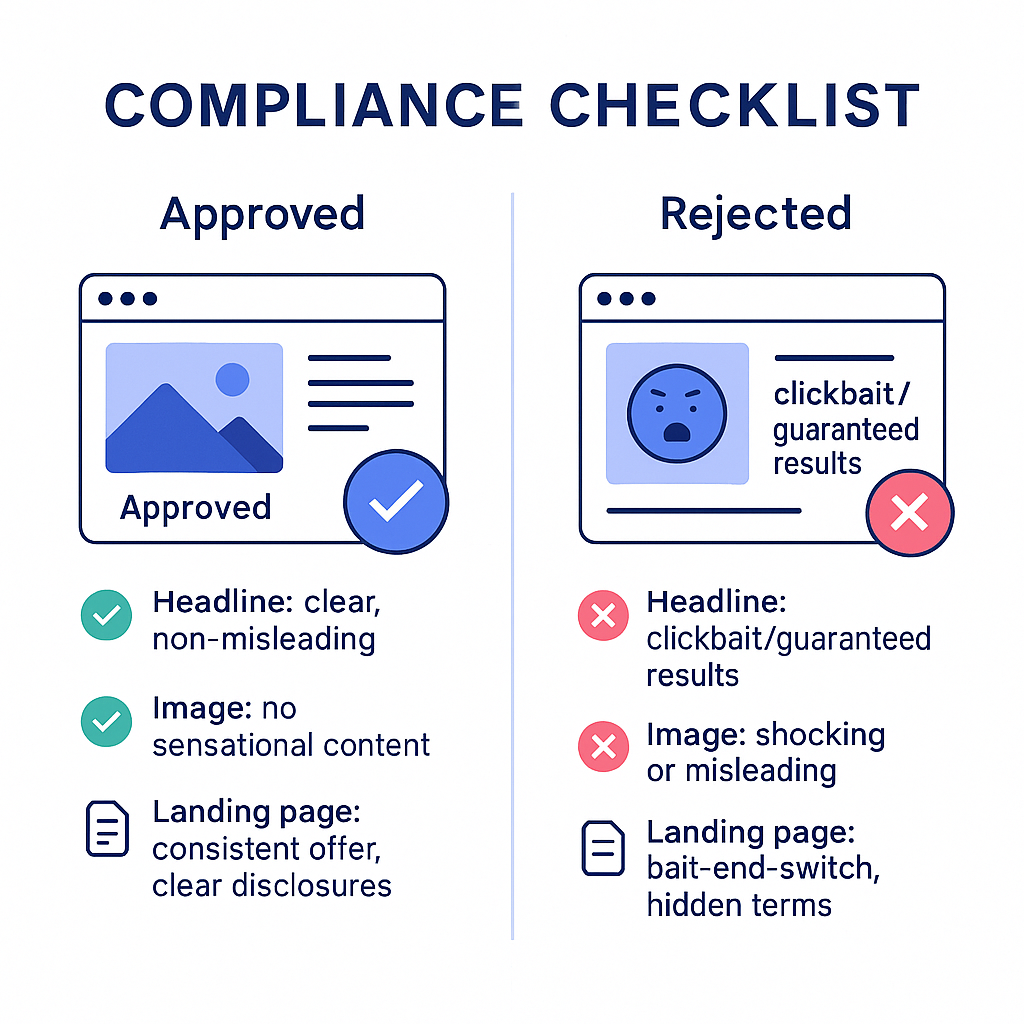 A compliance checklist infographic showing approved vs. rejected native ad examples, with specific callouts for headline