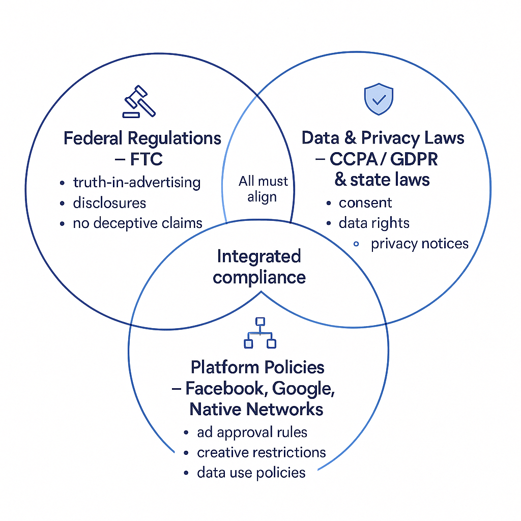 A professional infographic showing the layered compliance landscape with federal regulations (FTC), state laws (CCPA/GDP