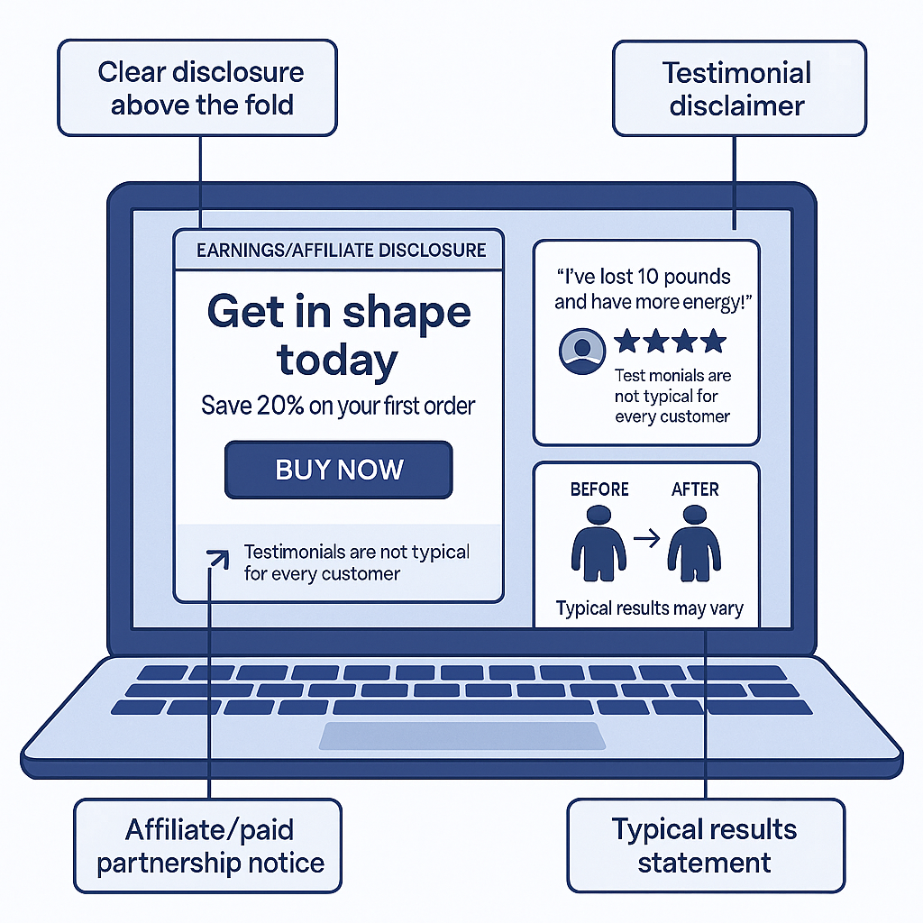A detailed landing page mockup showing proper FTC-compliant disclosure placement, with callout boxes highlighting correc