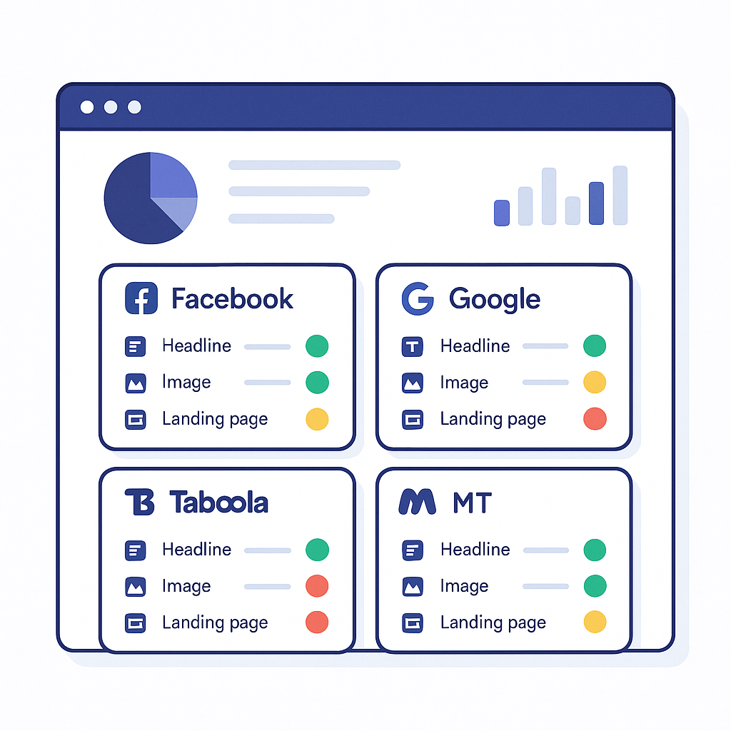 A dashboard-style visualization showing different platform compliance scorecards with green/yellow/red indicators for va