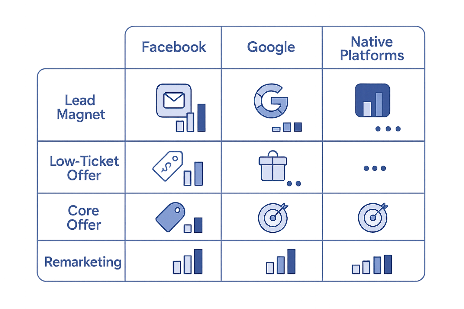 A professional infographic showing the relationship between different traffic sources (Facebook, Google, native platform