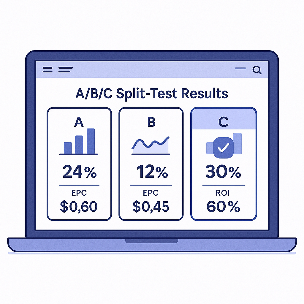 A detailed dashboard screenshot-style illustration showing split-test results comparing three similar offers with differ