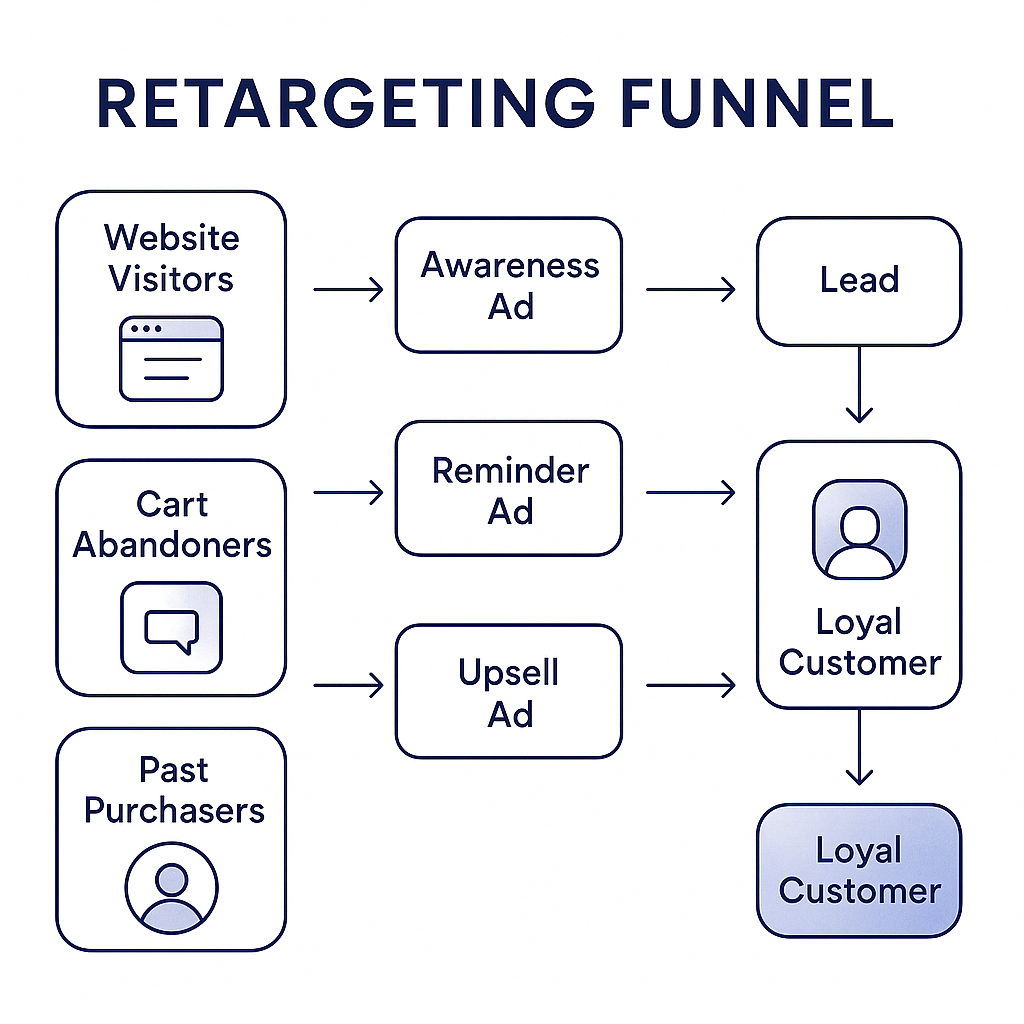 A flowchart-style visualization showing a complete retargeting funnel with different audience segments, corresponding ad