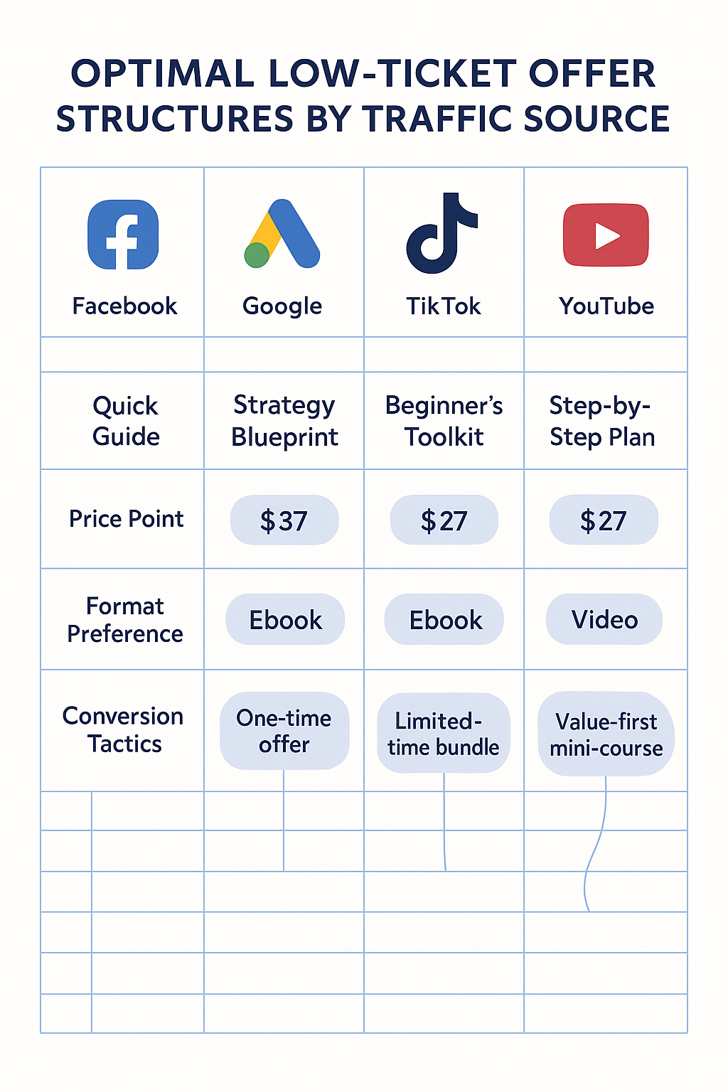 A detailed comparison chart showing optimal low-ticket offer structures across different traffic sources, displaying off
