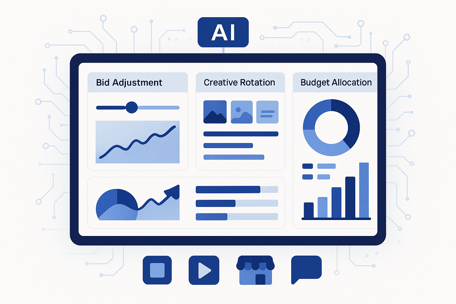 A sleek dashboard interface showing AI-powered performance marketing automation tools with real-time bid adjustments, cr