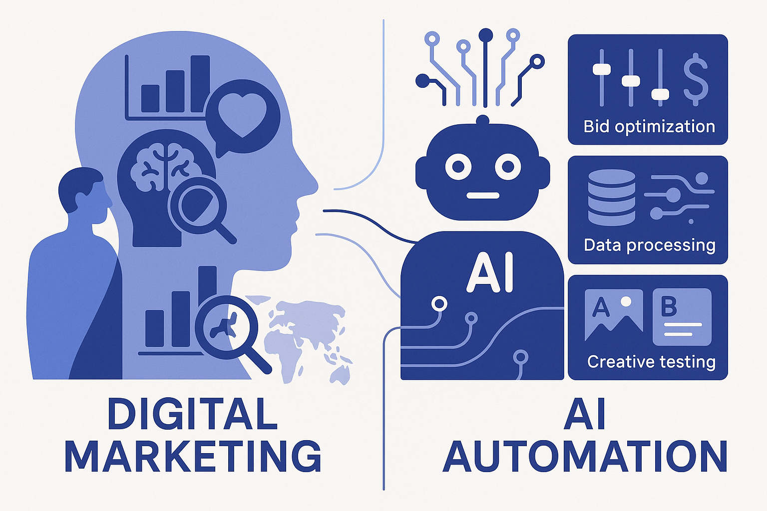 A split-screen comparison showing human strategic thinking on one side (market analysis, customer psychology insights, c