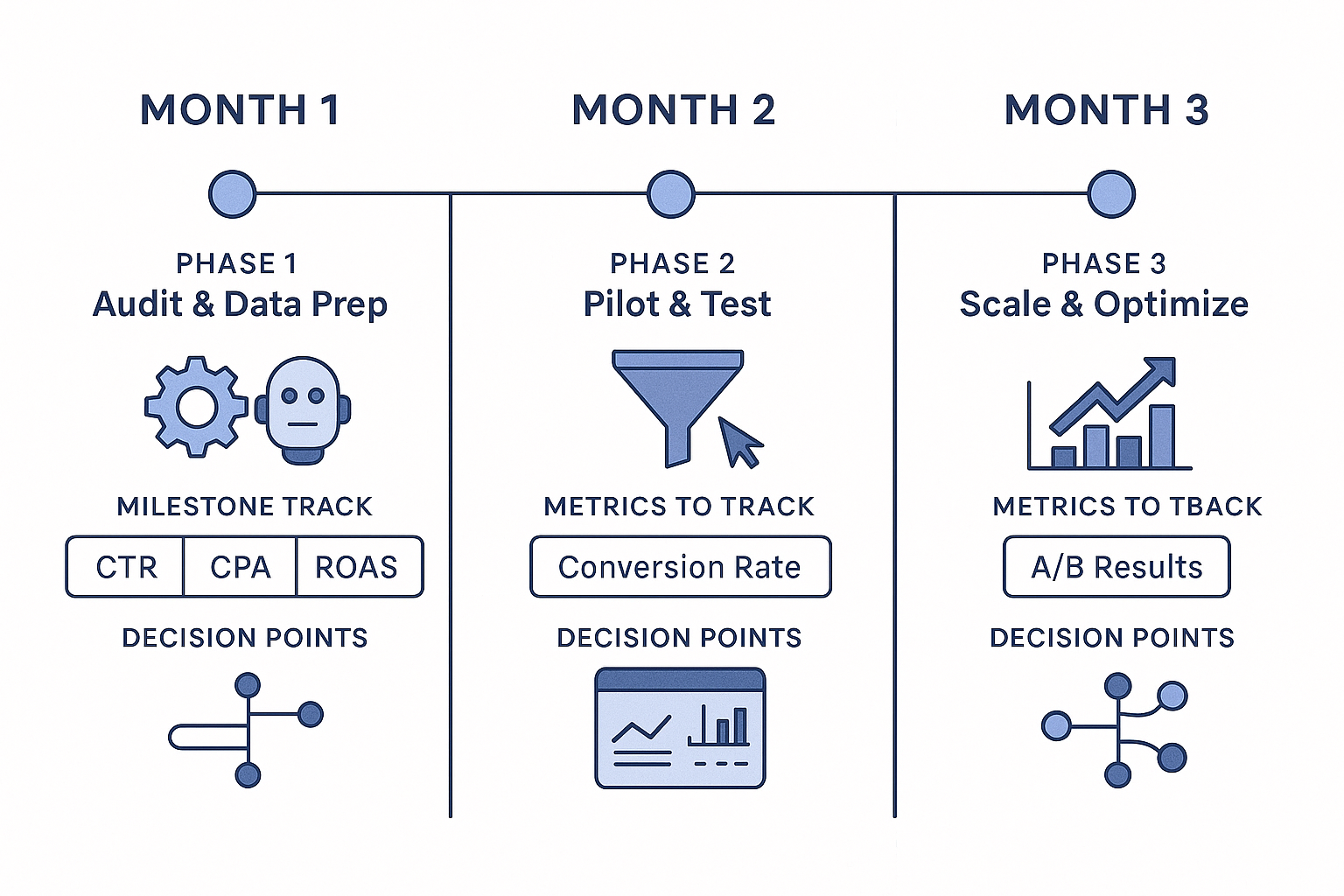 A timeline infographic showing a 3-month implementation roadmap for AI and automation in performance marketing, with spe