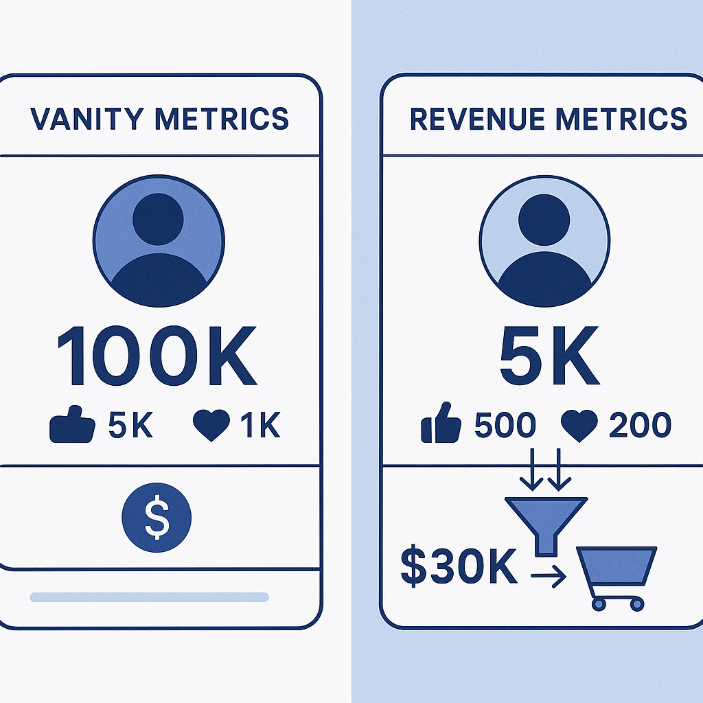 A split-screen infographic showing two social media profiles side by side - one labeled "Vanity Metrics" displaying high