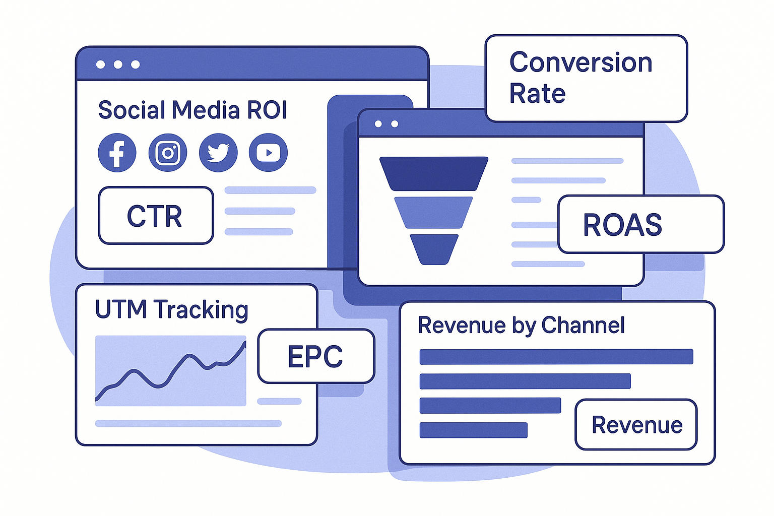 A comprehensive analytics dashboard mockup showing multiple screens with social media ROI metrics, conversion funnels, U