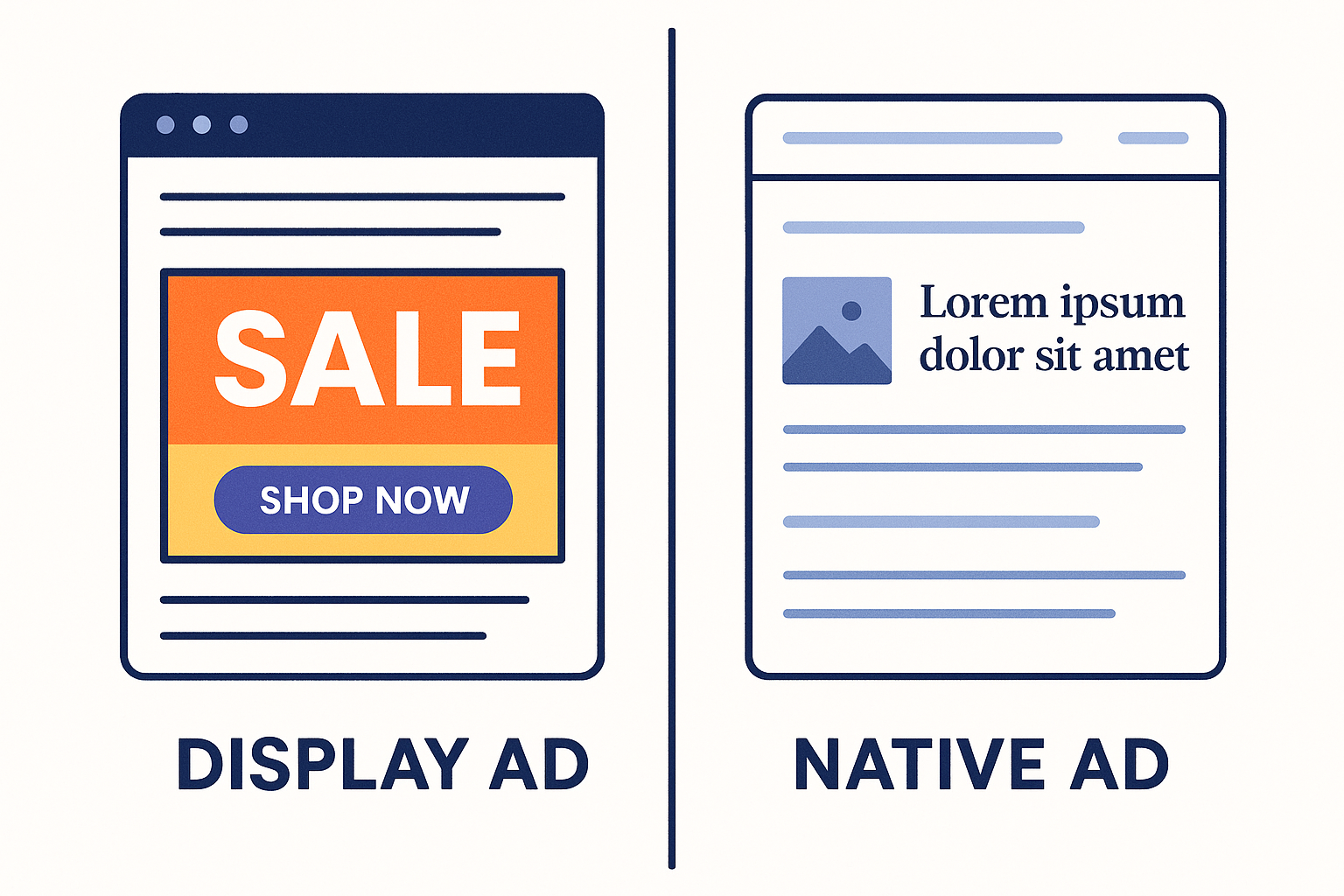 Split-screen comparison showing a traditional display ad with bright colors and sales copy next to a native ad designed 