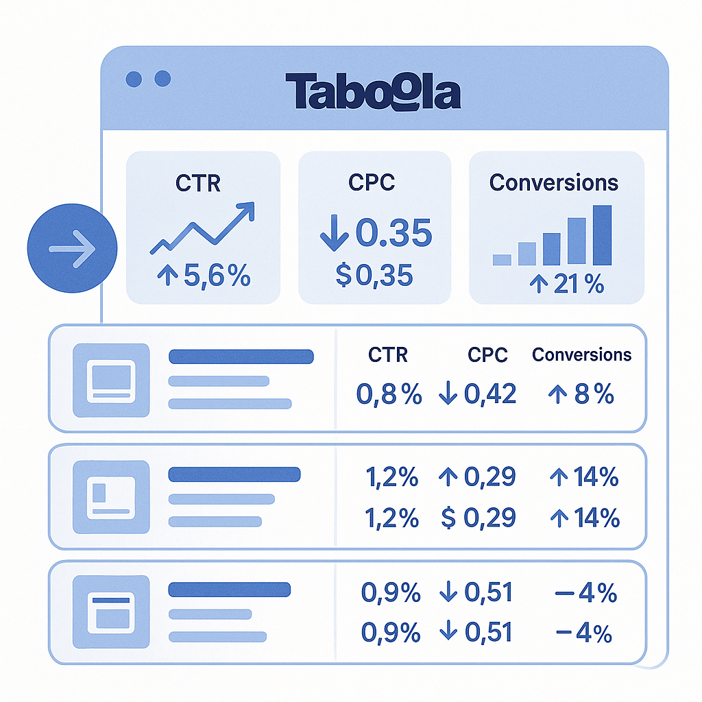 Dashboard screenshot mockup showing Taboola campaign metrics with multiple campaigns running, displaying CTR, CPC, and c