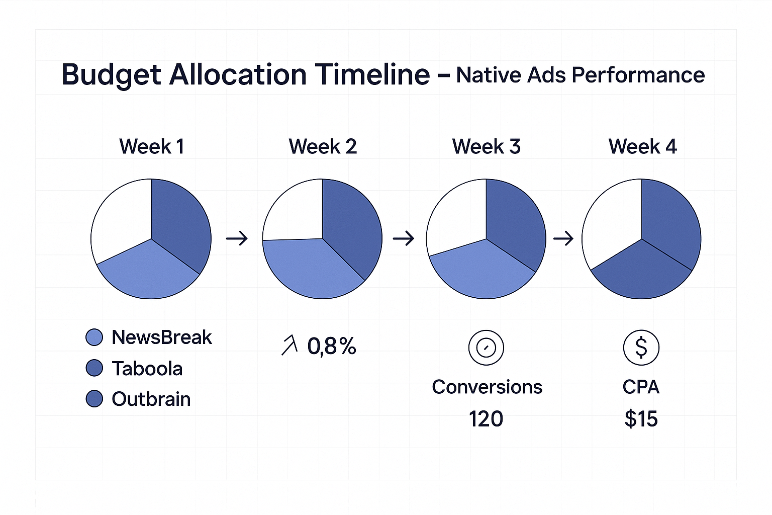 Infographic showing budget allocation timeline across NewsBreak, Taboola, and Outbrain over 4 weeks, with pie charts for