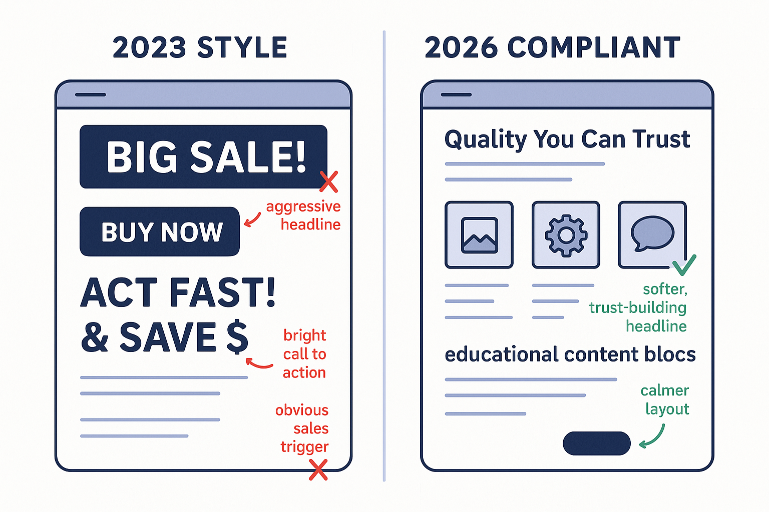 A split-screen comparison showing two pre-sell page designs side by side - one labeled "2023 Style" with aggressive head