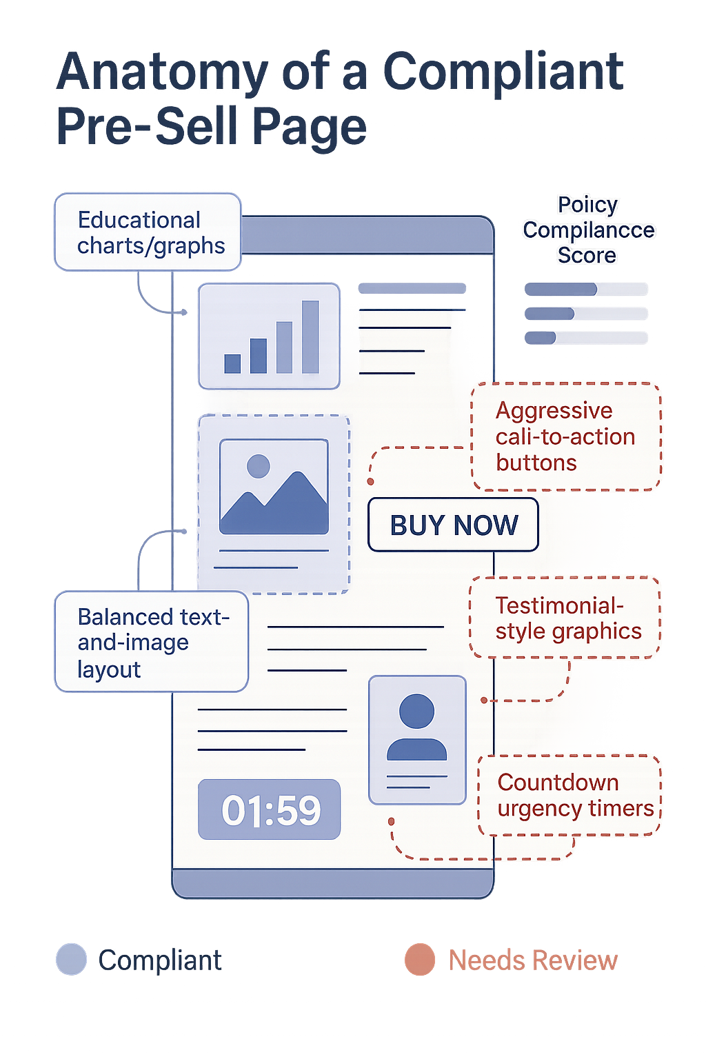 An infographic showing the anatomy of a compliant pre-sell page layout with callouts highlighting approved visual elemen