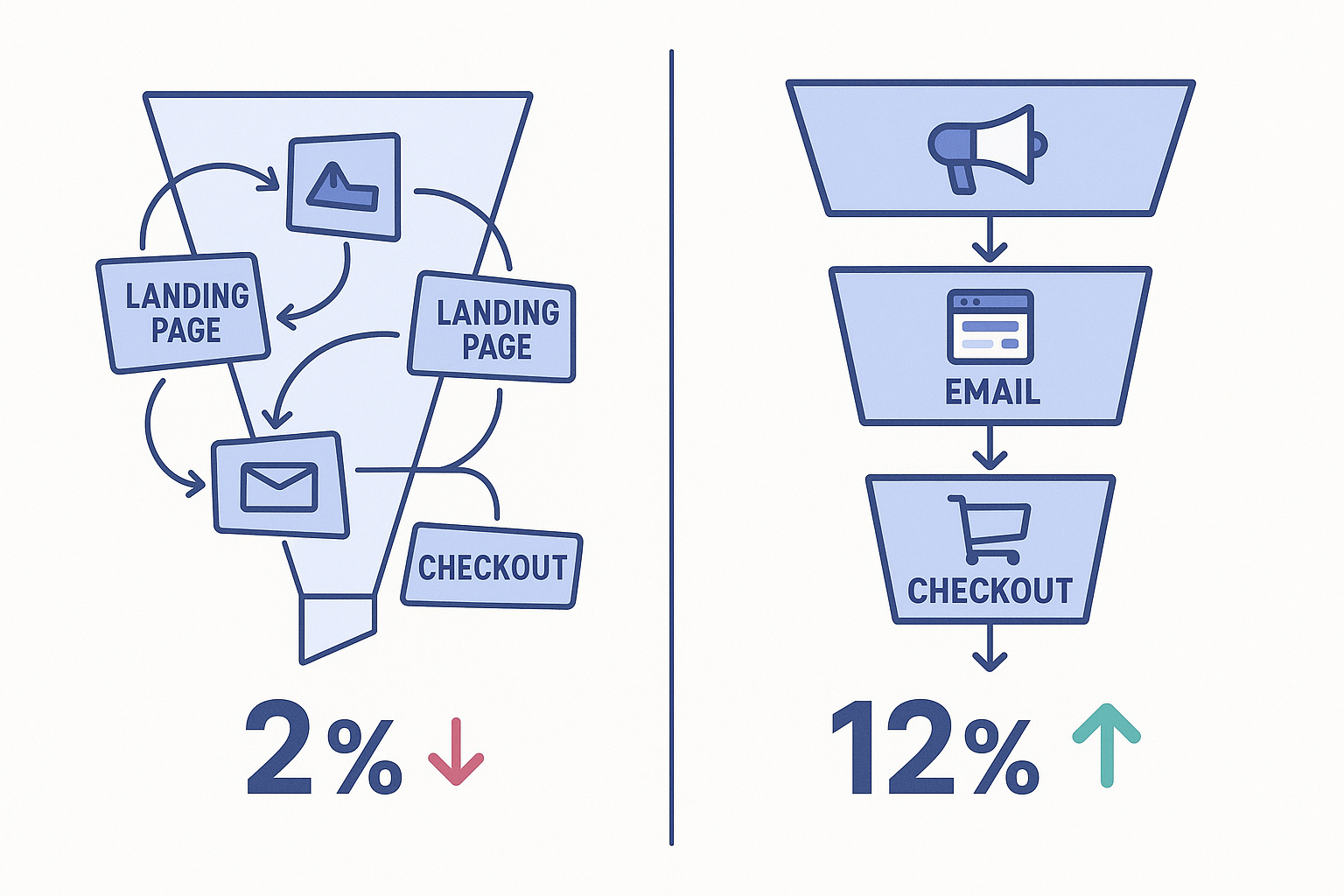 Split-screen comparison showing a beginner's messy, untested funnel layout on the left versus a clean, template-based fu