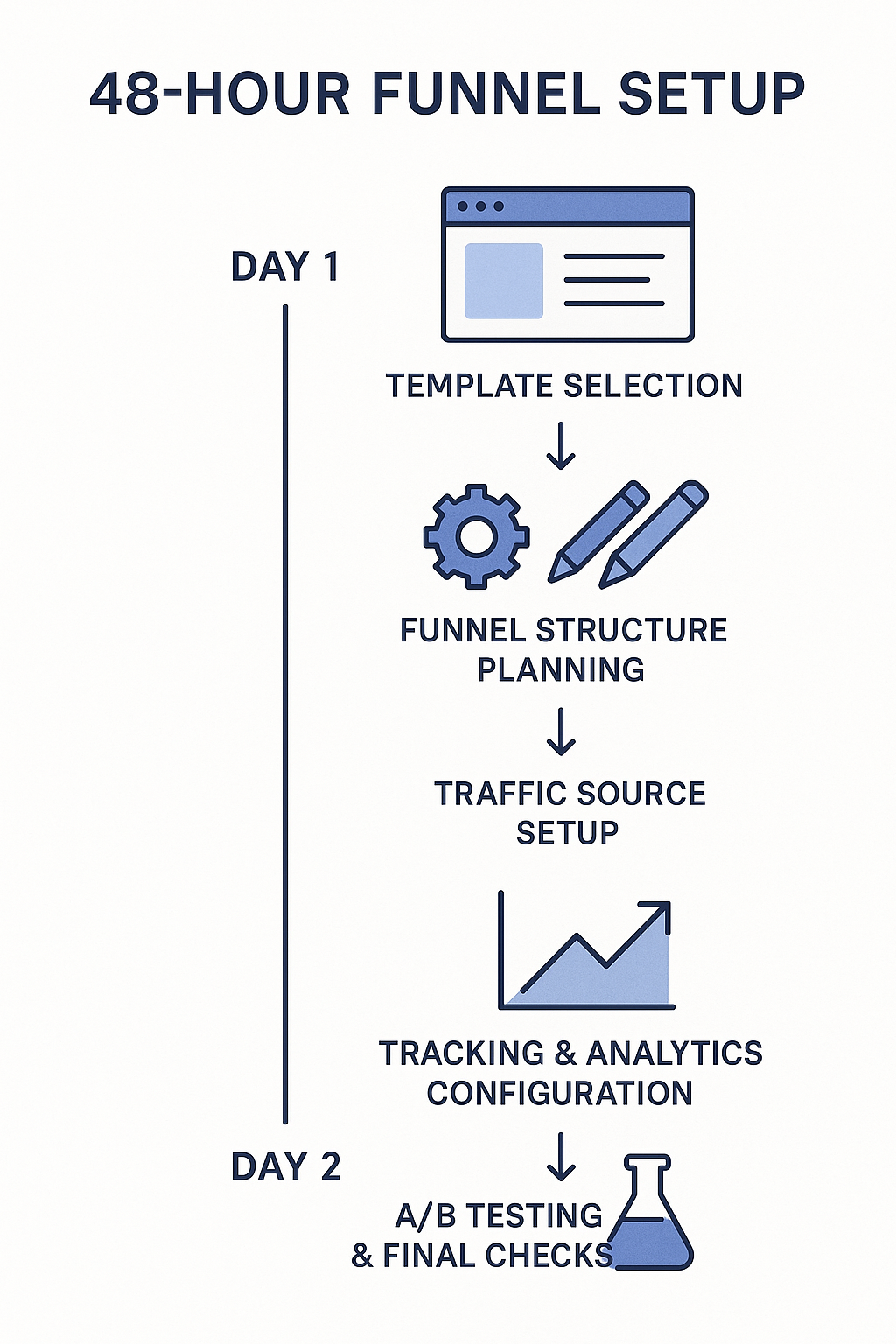 Detailed flowchart showing the 48-hour funnel setup process with Day 1 and Day 2 activities, including template selectio