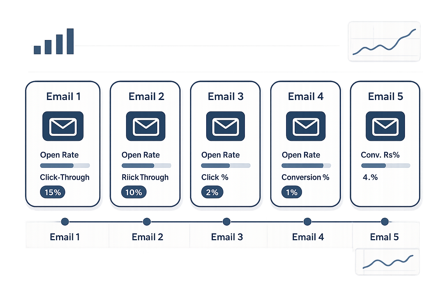 Email sequence visualization showing 5 connected email templates with open rates, click-through rates, and conversion pe