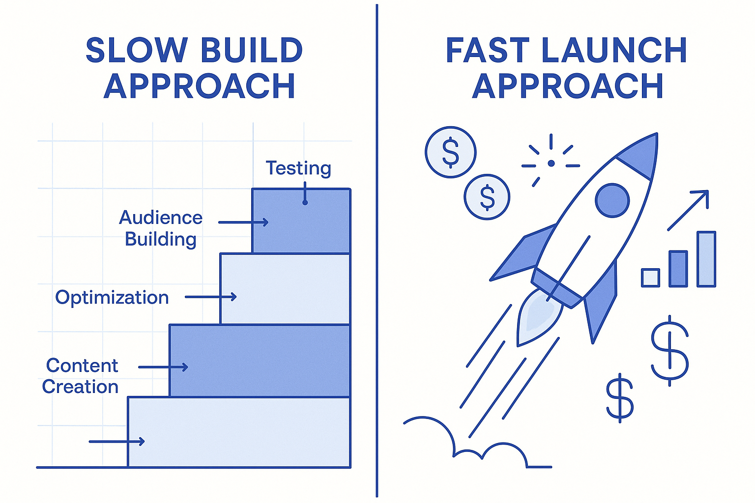 Split-screen infographic showing slow build approach on left with building blocks stacking gradually upward labeled with
