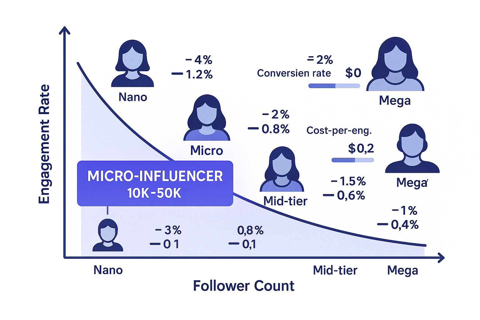 An infographic showing the inverse relationship between follower count and engagement rates, with micro-influencers (10K