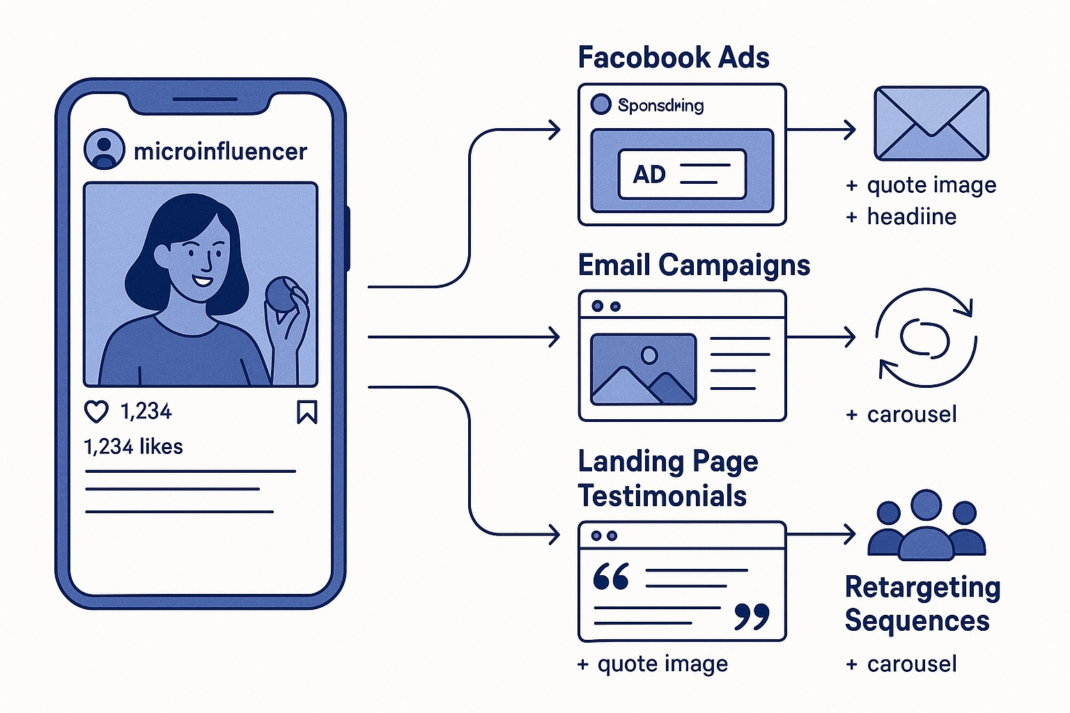 A flowchart diagram showing how one piece of micro-influencer UGC gets repurposed across multiple marketing channels—fro