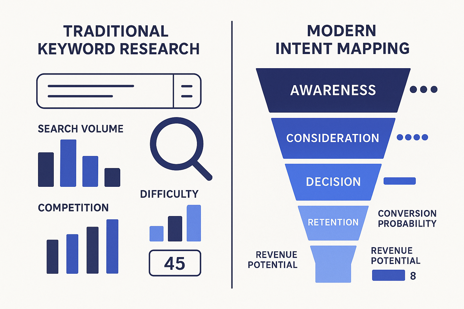 Split-screen infographic showing traditional keyword research approach (search volume bars and competition metrics) vers