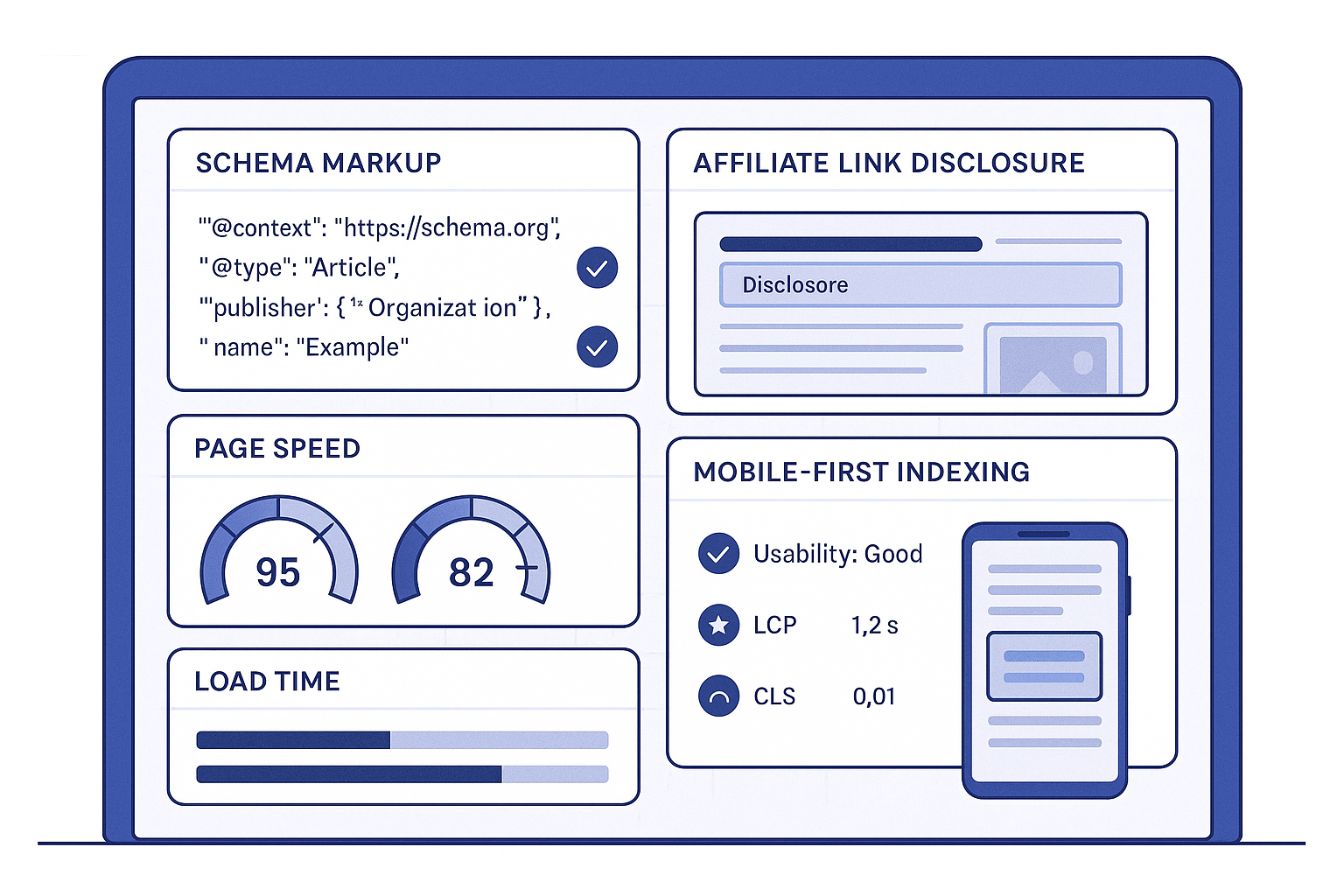 Technical SEO audit dashboard showing compliance elements including proper schema markup examples, affiliate link disclo