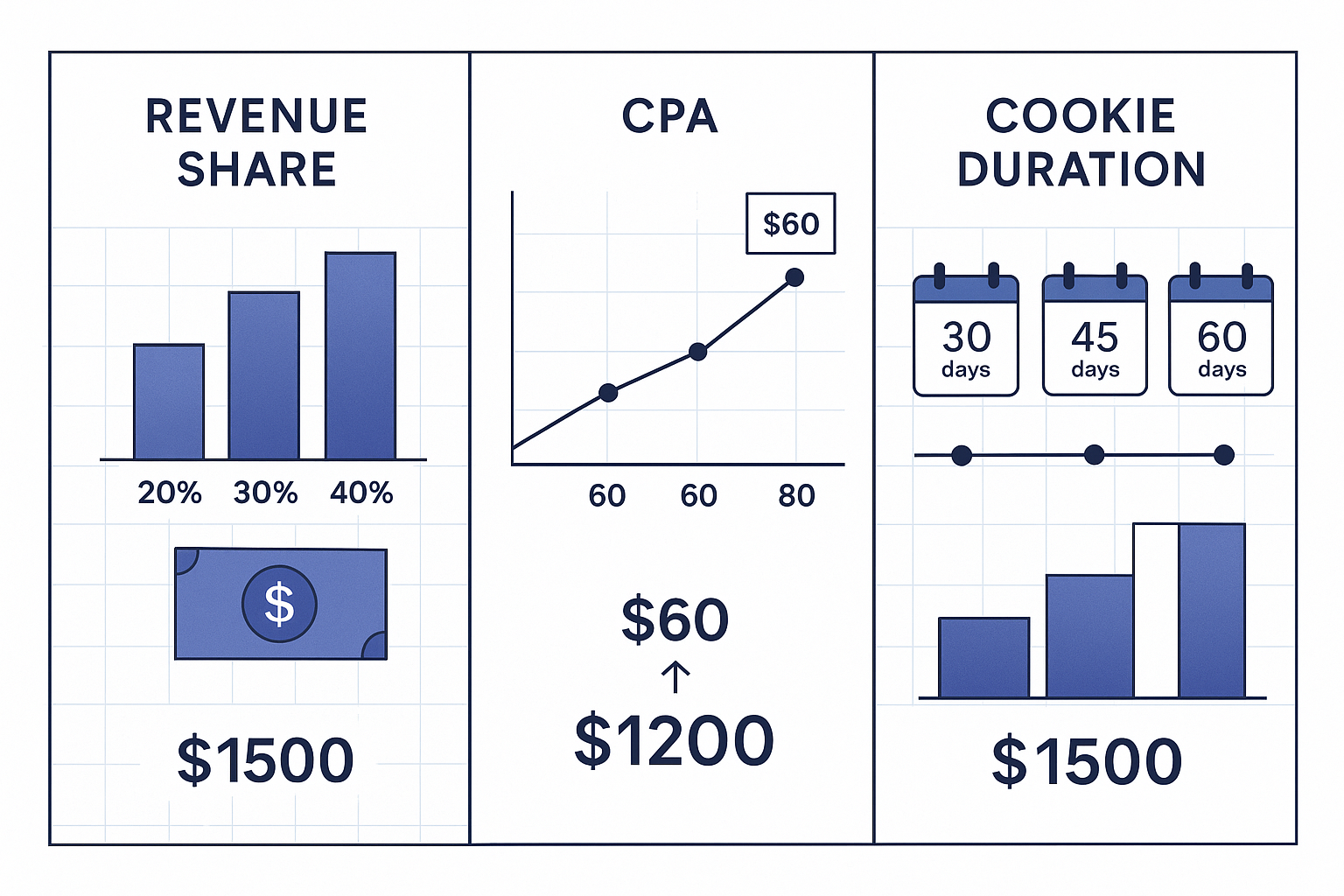 A professional infographic showing different commission structure models side by side, including revenue share percentag