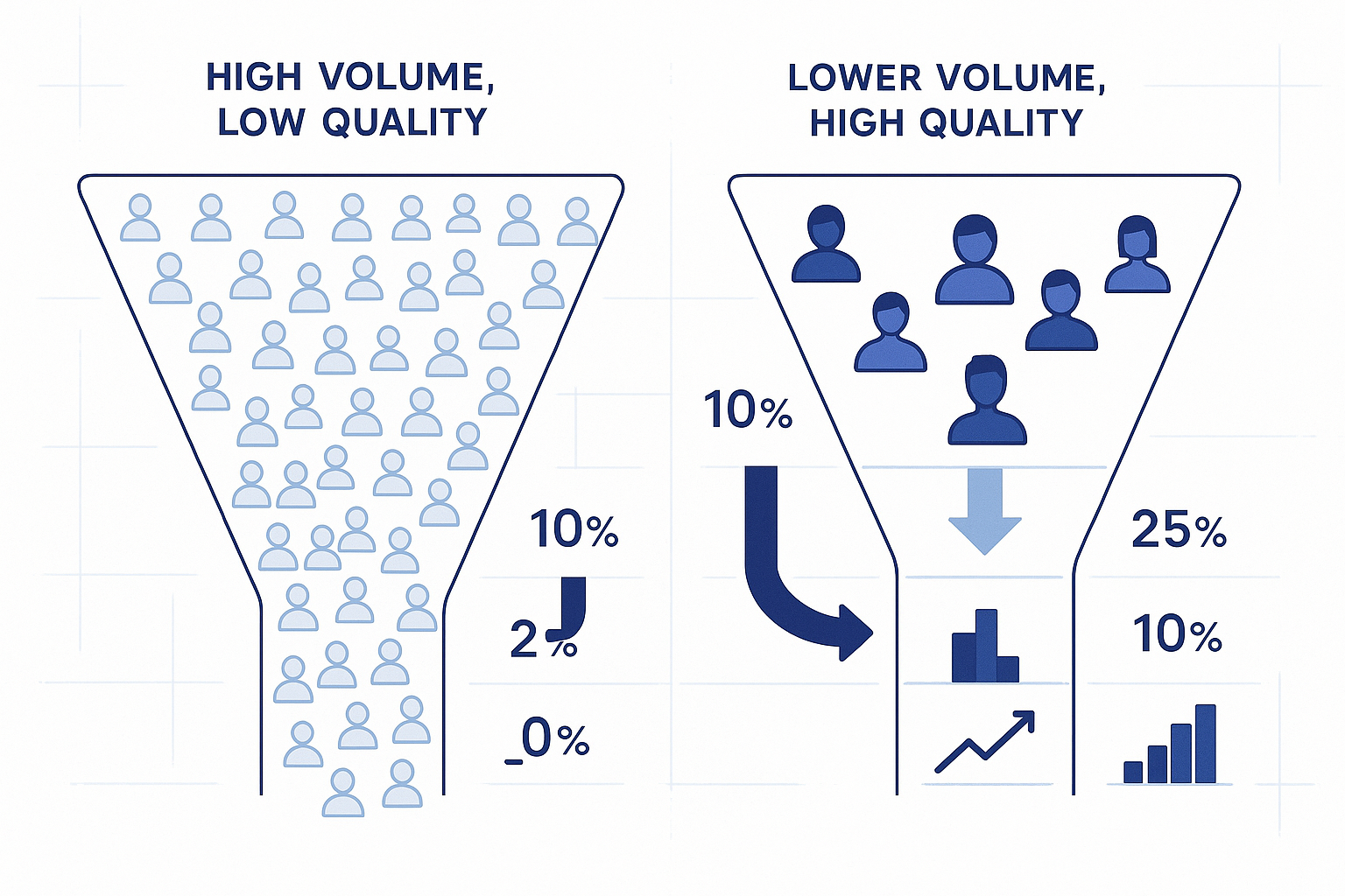 A split-screen comparison infographic showing two lead generation funnels side by side - one labeled 'High Volume, Low Q