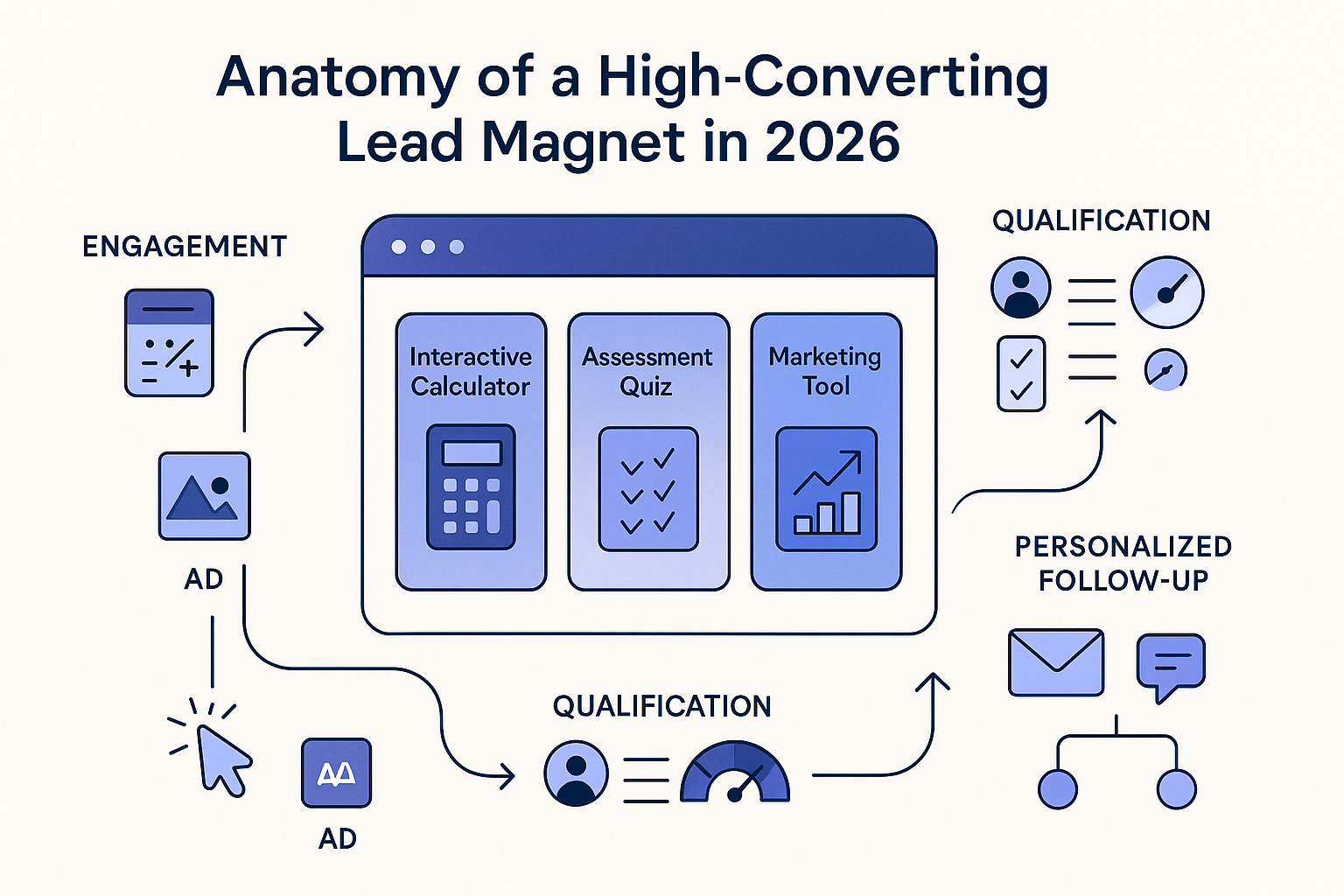 A modern, clean infographic showing the anatomy of a high-converting lead magnet in 2026, featuring interactive elements