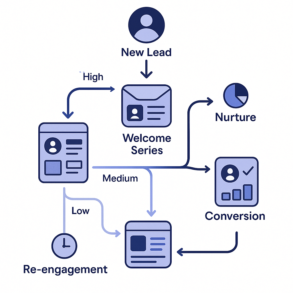 A sophisticated email marketing workflow diagram showing a modern lead nurturing sequence, with branching paths based on