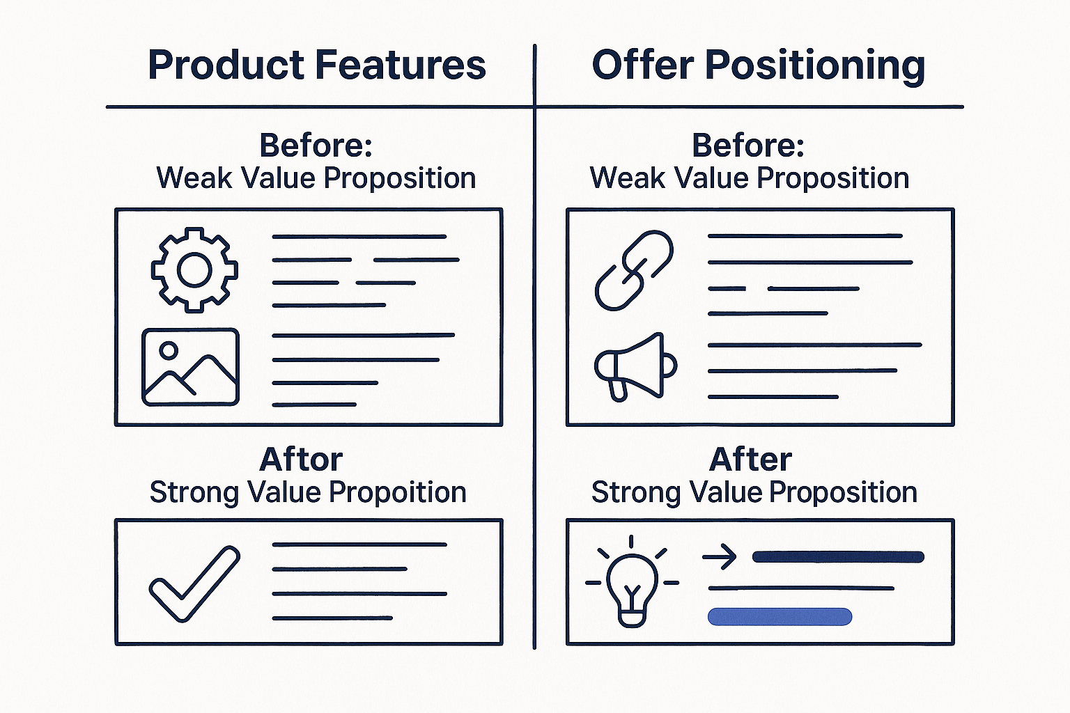 A clean infographic showing the difference between product features and offer positioning, with before/after examples of