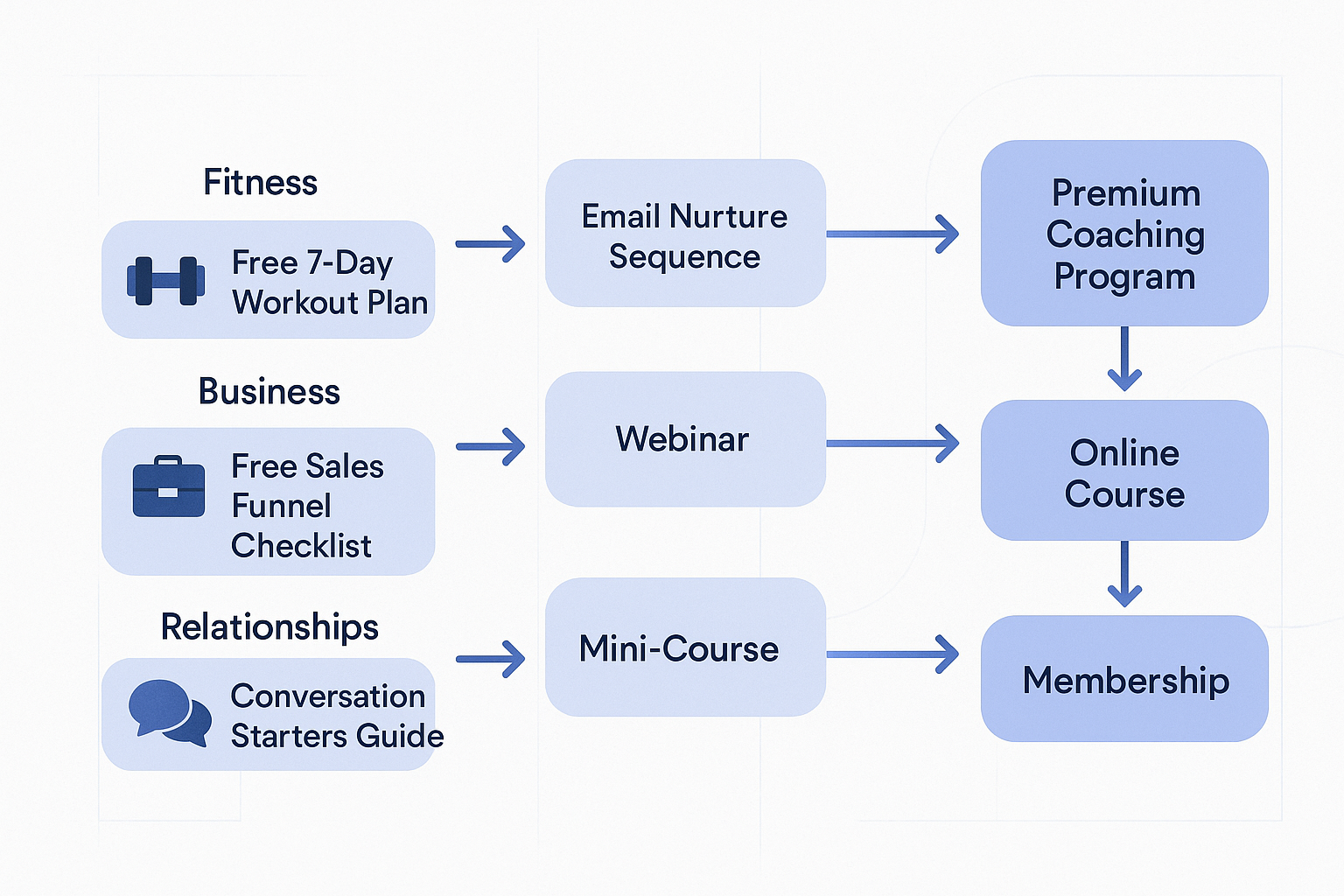A flowchart diagram showing the logical connection between lead magnet topics and main product offers, with arrows indic