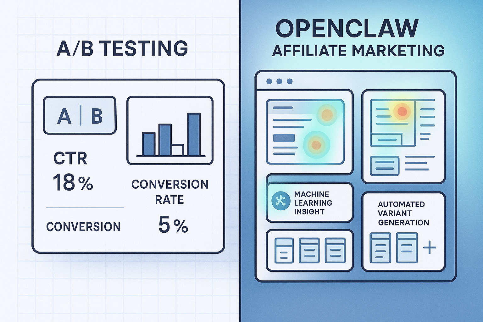 A split-screen comparison showing a traditional A/B testing dashboard with basic metrics on the left versus OpenClaw's AI-driven interface displaying behavioral heatmaps, machine learning insights, and automated variant generation on the right, illustrated as a modern marketing technology infographic