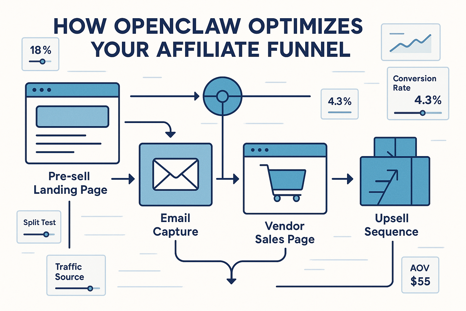 A detailed funnel flow diagram showing how OpenClaw optimizes multiple touchpoints simultaneously, with arrows indicating data flow between a pre-sell landing page, email capture, vendor sales page, and upsell sequence, overlaid with performance metrics and optimization indicators in a professional infographic style