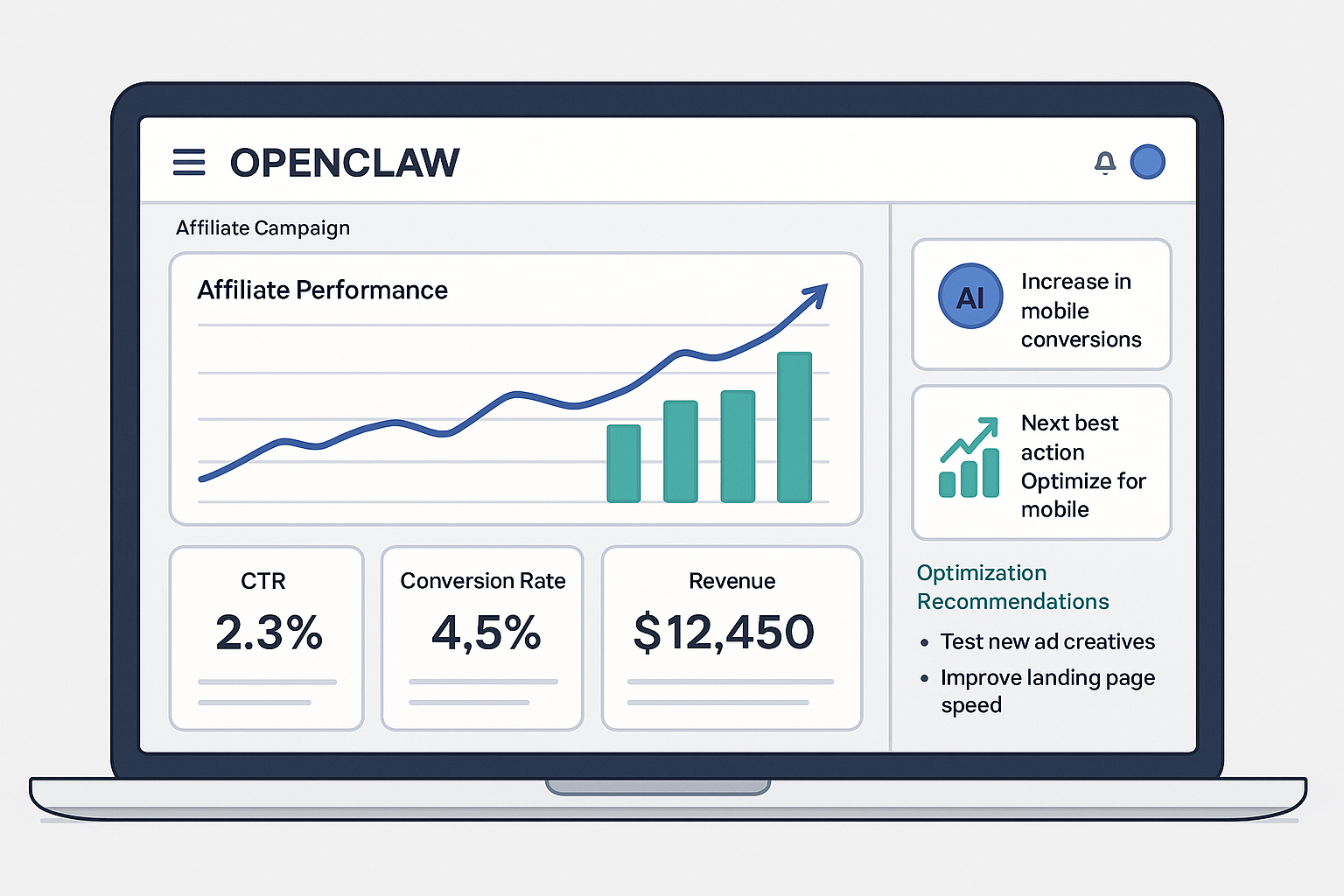 A modern dashboard mockup showing OpenClaw's interface with campaign performance metrics, automated insights, and future optimization recommendations, designed as a sleek marketing technology visualization with clean graphs and actionable data points