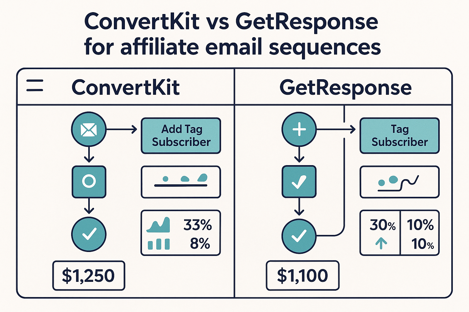 Split-screen comparison showing ConvertKit and GetResponse dashboards side by side, highlighting key affiliate marketing features like automation workflows, subscriber tagging, and analytics panels with performance metrics