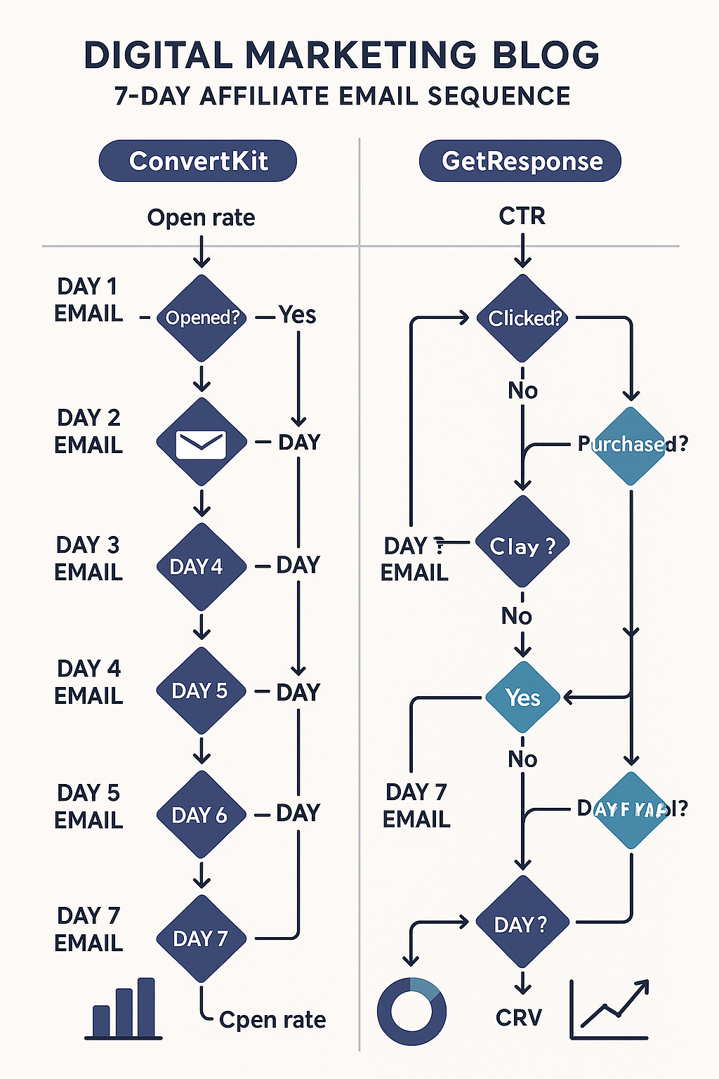 Detailed workflow diagram showing a typical 7-day affiliate email sequence with branching paths based on subscriber behavior, including open rates, click-through rates, and conversion tracking across both platforms