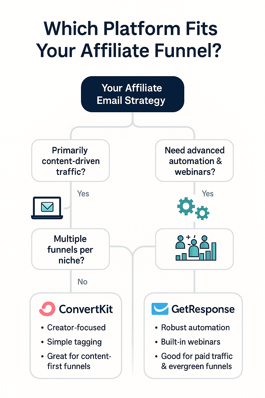Professional infographic showing a decision tree flowchart helping affiliate marketers choose between ConvertKit and GetResponse based on their specific needs, traffic sources, and business model