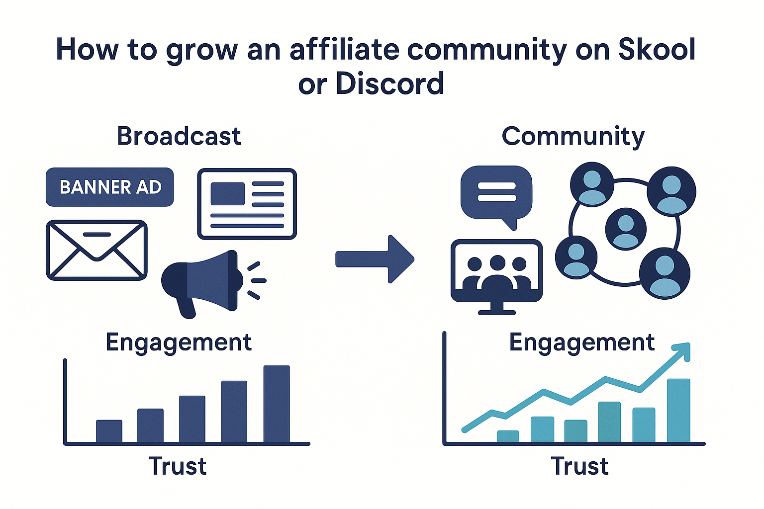 A professional infographic showing the evolution from traditional affiliate marketing (ads, emails) to community-driven affiliate marketing, with engagement and trust metrics displayed as upward trending graphs