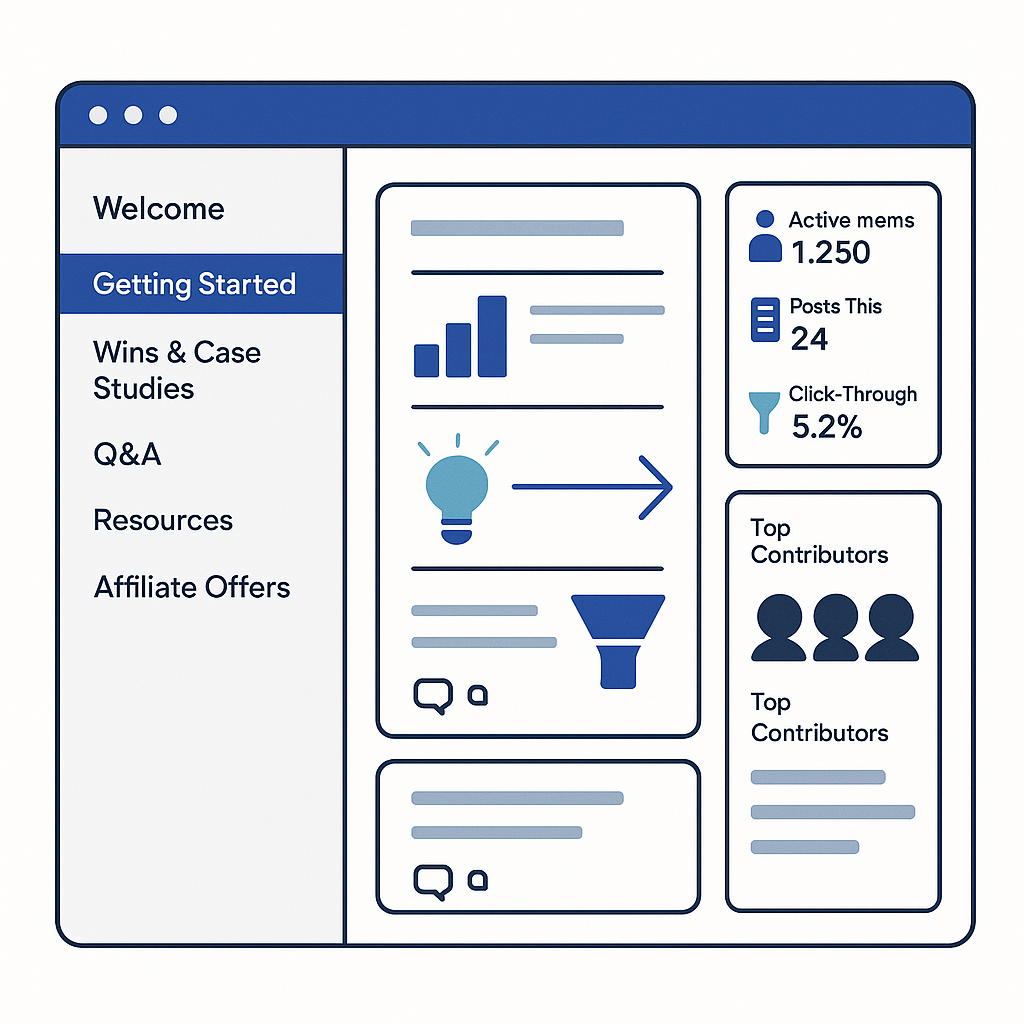 A screenshot mockup of a well-organized community interface showing different content channels, member engagement metrics, and strategic placement of value-driven content that naturally incorporates affiliate recommendations