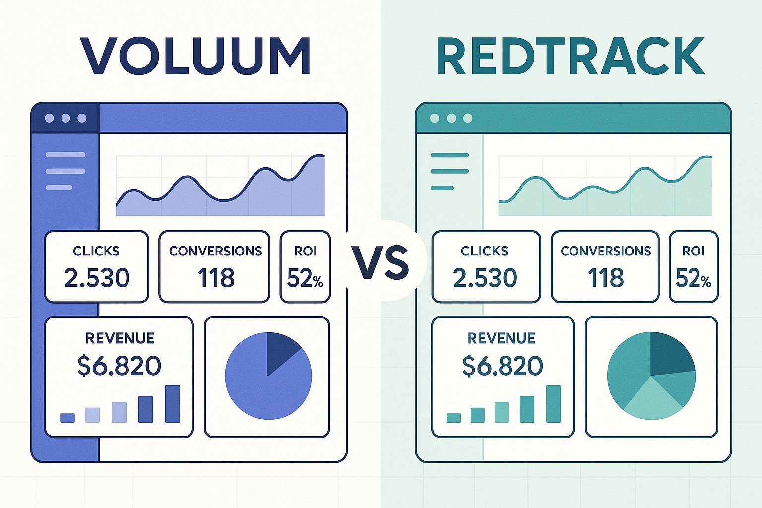 Split-screen comparison showing Voluum and RedTrack dashboard interfaces side by side, with campaign data, charts, and key metrics visible on both platforms, presented as a professional marketing comparison graphic