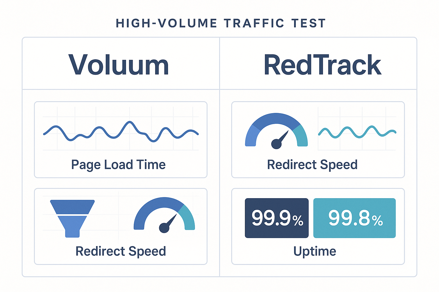 Performance metrics comparison chart showing page load times, redirect speeds, and uptime statistics between Voluum and RedTrack during high-volume traffic periods, displayed as professional infographic with data visualization elements