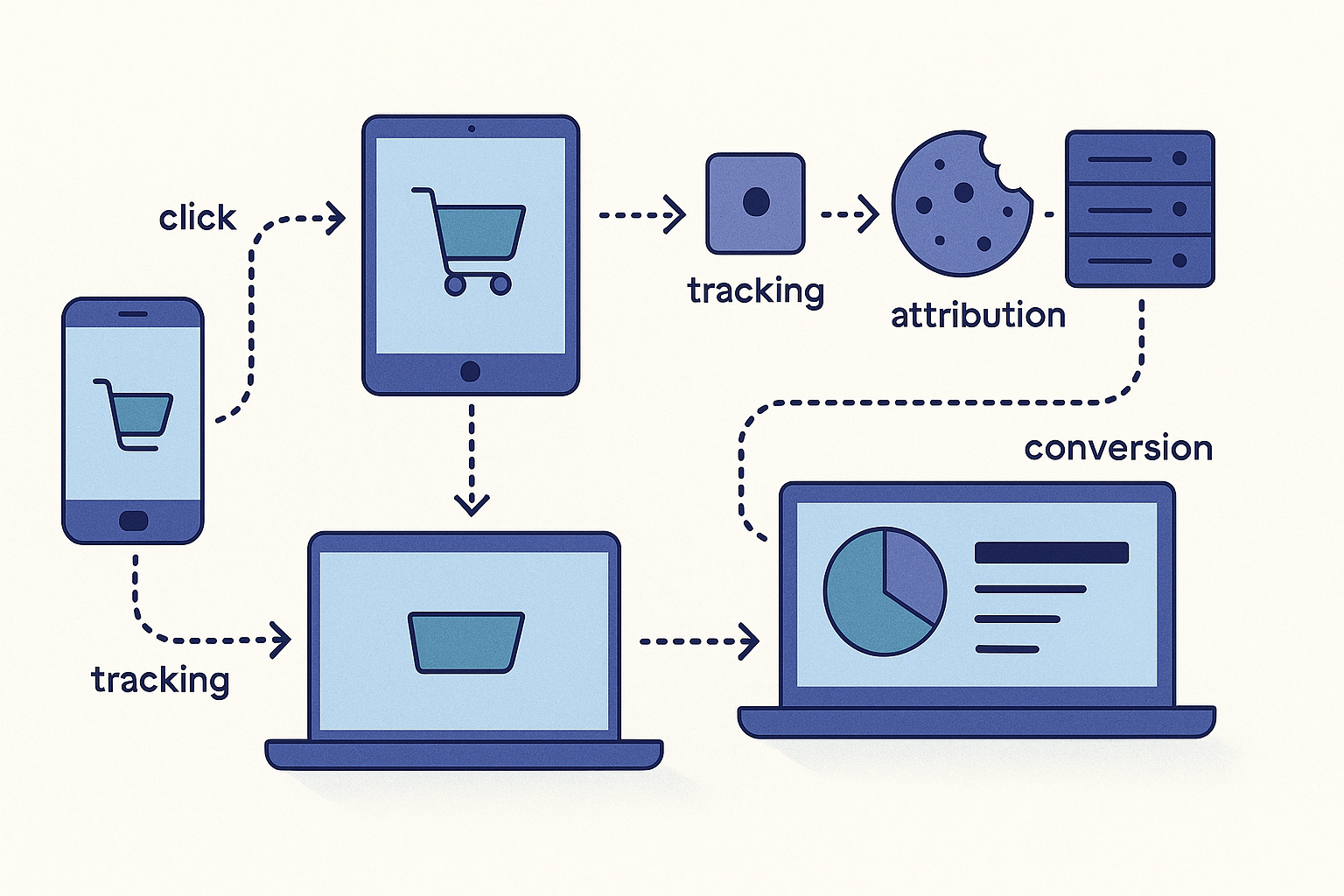 Split-screen illustration showing the affiliate tracking process from click to conversion, featuring multiple devices (phone, tablet, laptop) connected by dotted lines, with tracking pixels and server icons representing the data flow