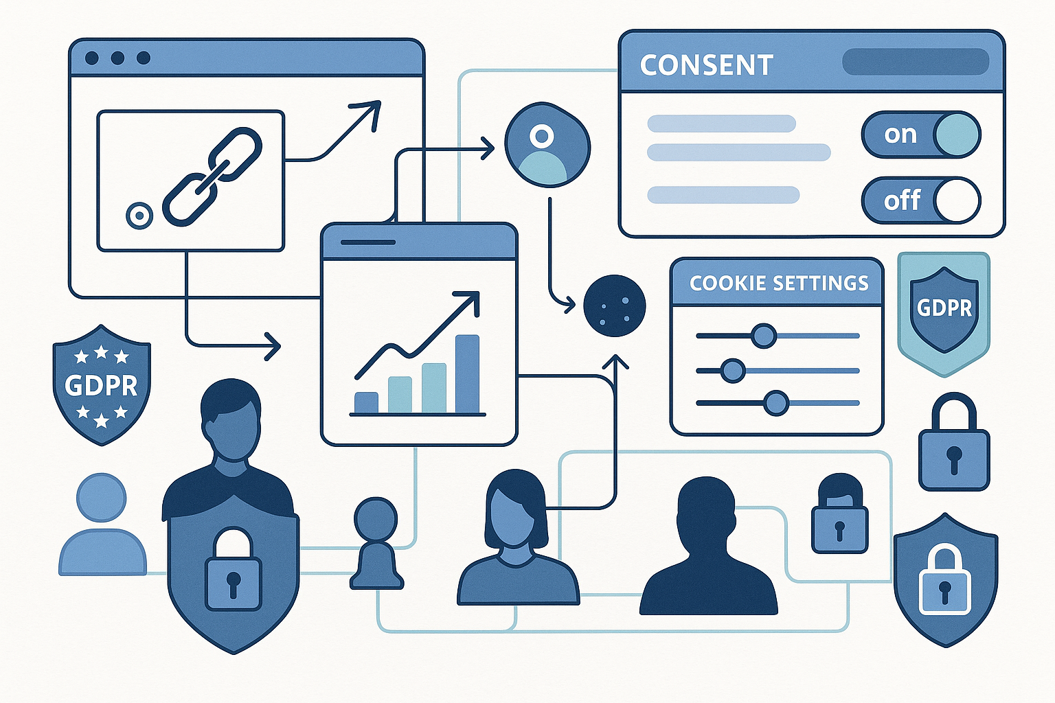 Privacy-focused illustration showing GDPR compliance elements like consent banners, cookie settings, and data protection shields overlaid on affiliate marketing tracking flows