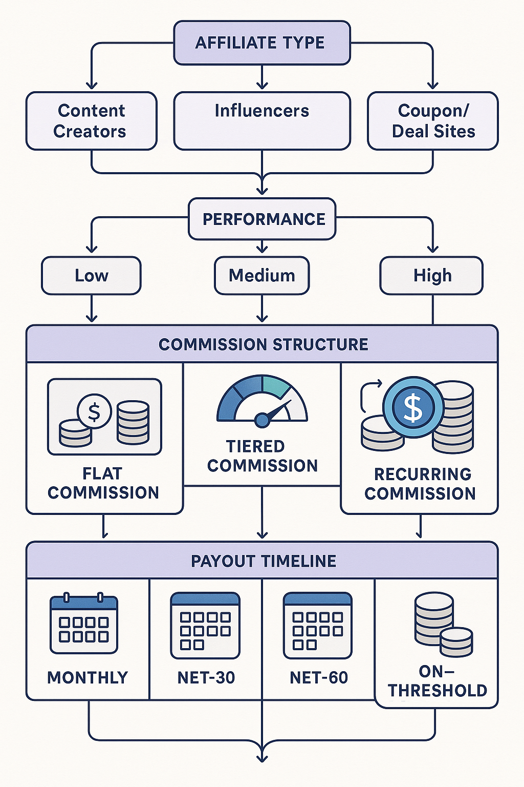Detailed flowchart or diagram showing different commission structures and payout timelines, with decision trees for different affiliate types and performance levels